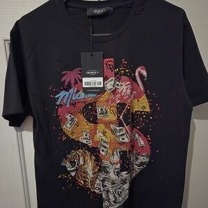 George V Rhinstone Black Tee with Flamingo and Tiger Design